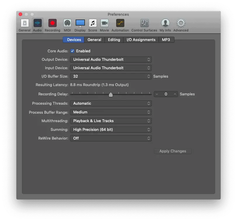 how to reduce audio latency - selecting buffer size using audio preferences in logic pro x